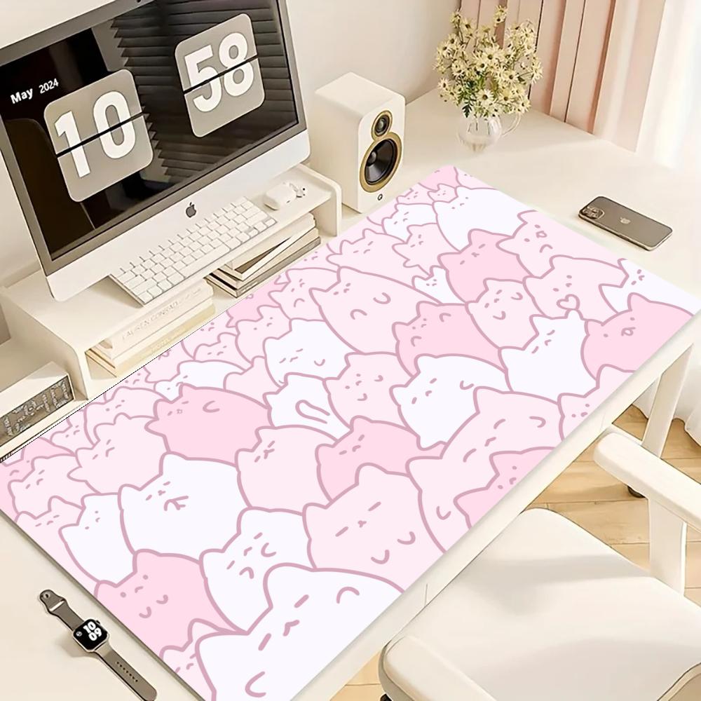Desk Setup Pink - แผ่นรองเมาส์สำหรับเล่นเกม, แผ่นรองโต๊ะขนาดใหญ่, ฐานยางกันลื่น, ขอบเย็บอย่างดี, ลายแมวน่ารักสีชมพูและสีขาว สำหรับสำนักงานและการเล่นเกม