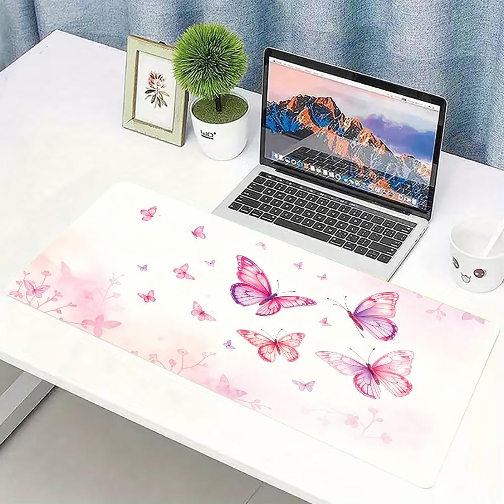 Desk Setup Pink - แผ่นรองเมาส์เกมมิ่งขนาดใหญ่ลายผีเสื้อสีชมพูแบบสีน้ำ พร้อมแผ่นรองโต๊ะกันลื่นสำหรับคีย์บอร์ด เหมาะสำหรับคอมพิวเตอร์ แล็ปท็อป สำนักงาน บ้าน