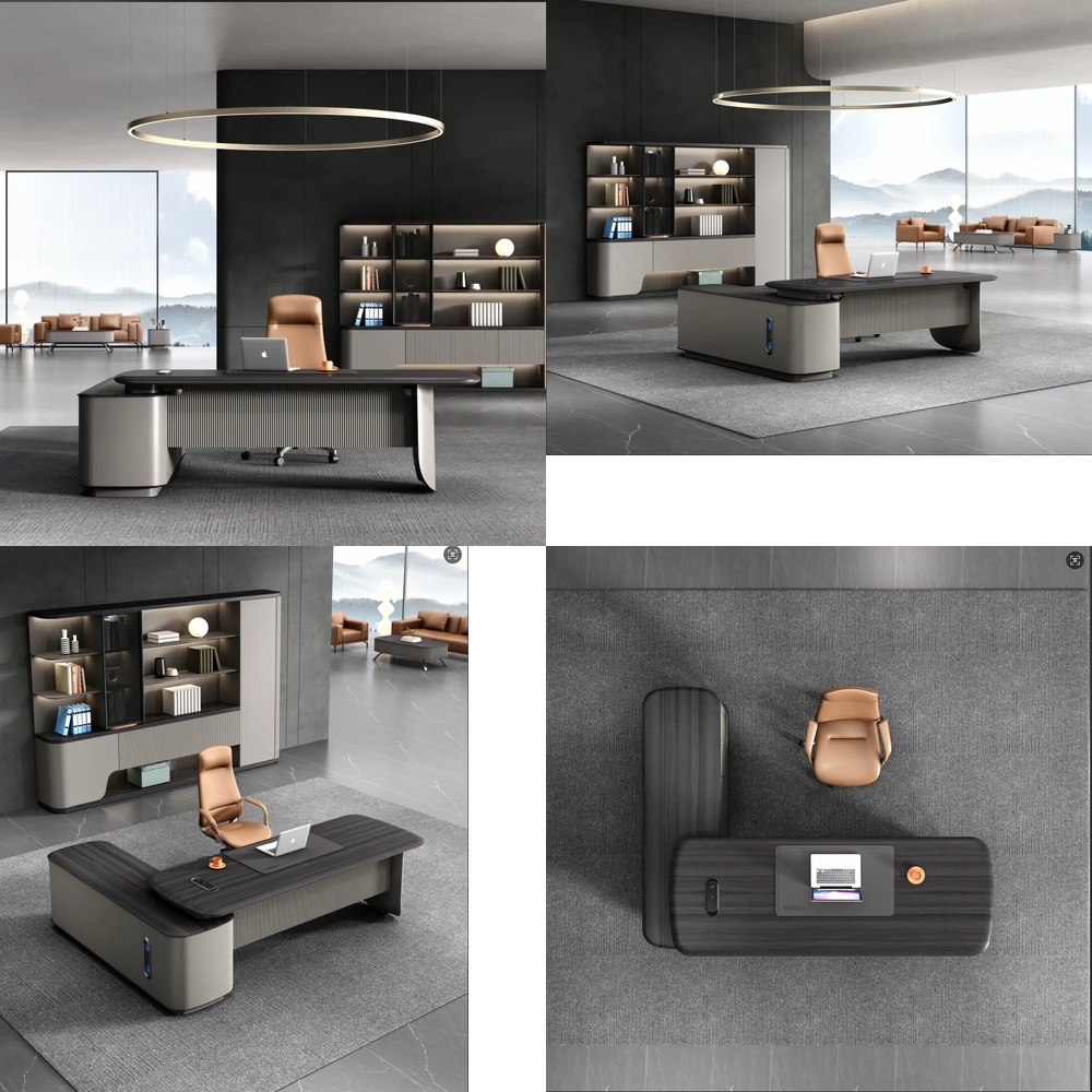 L Shaped Desk Setup - โต๊ะทำงานผู้บริหารรูปตัว L สไตล์โมเดิร์นหรูหรา พร้อมโต๊ะข้าง สำหรับโฮมออฟฟิศ สถานที่ทำงานที่บ้าน
