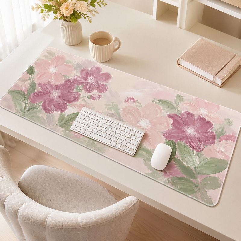 Desk Setup Pink - แผ่นรองเมาส์สีชมพูซากุระสีน้ำสำหรับเล่นเกม XL HD แผ่นรองเมาส์ขนาดใหญ่ XXL แผ่นรองโต๊ะสำนักงานกันลื่นยางธรรมชาติแผ่นรองเมาส์แล็ปท็อป