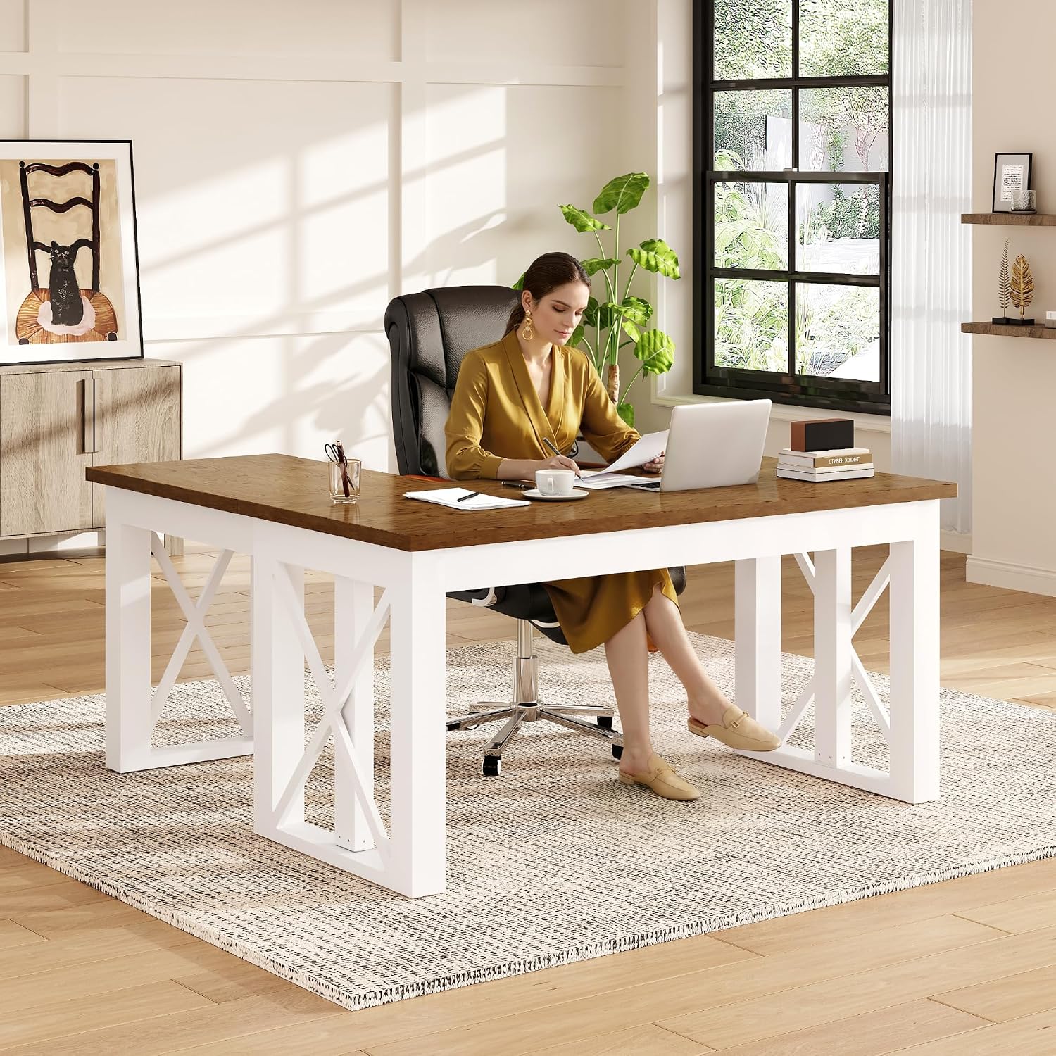 L Shaped Desk Setup - โต๊ะทำงานทรงตัว L พร้อมลิ้นชัก ขนาด 55x48 นิ้ว