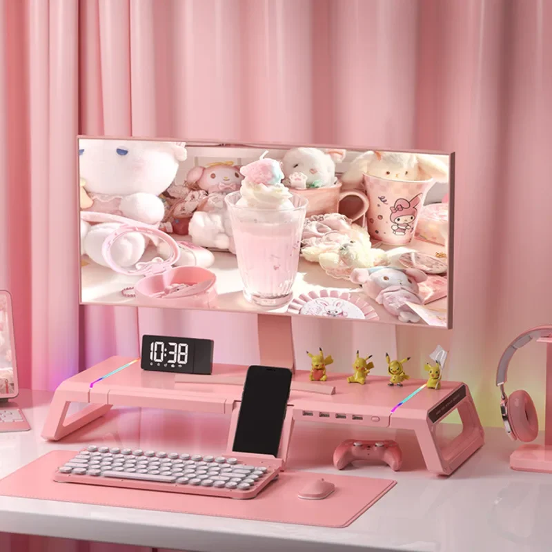 L Shaped Desk Setup - ขาตั้งจอคอมพิวเตอร์ร้อนพร้อมโต๊ะแล็ปท็อปสีชมพู USB พร้อมลิ้นชักแท่นวางแท็บเล็ตอเนกประสงค์สำหรับเด็กผู้หญิงปรับความสูงได้