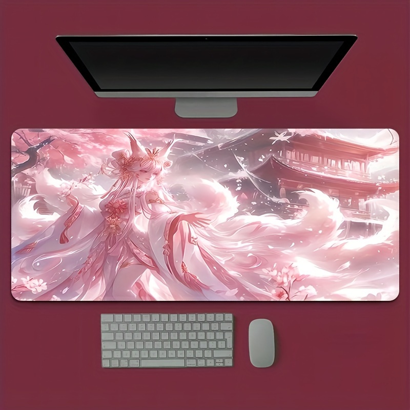 Desk Setup Pink - แผ่นรองเมาส์ลายอนิเมะสาวจิ้งจอก, แผ่นรองเมาส์เกมมิ่งยางกันลื่นแบบขยายพร้อมดีไซน์สีชมพูอีเธอเรียลเพื่อการตกแต่งโต๊ะที่สวยงาม