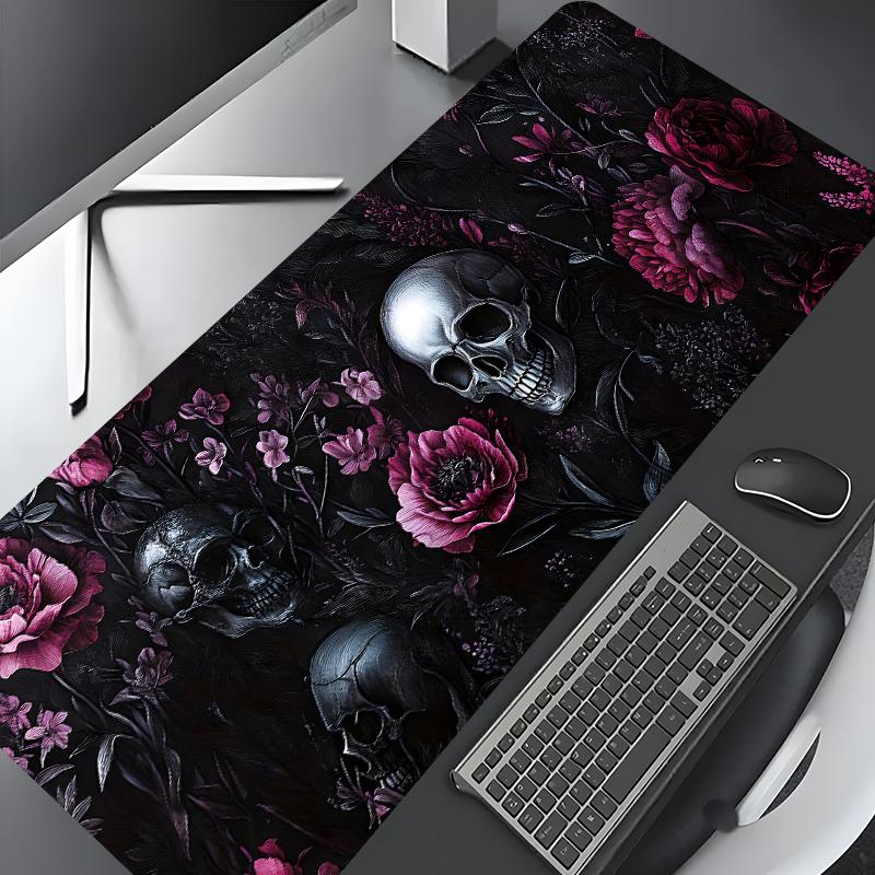 Desk Setup Pink - แผ่นรองเมาส์ลายหัวกะโหลกสไตล์โกธิค, แผ่นรองเมาส์สำหรับเล่นเกมขนาดใหญ่ลายศิลปะเหล็ก, ขอบล็อคกันลื่น, แผ่นรองโต๊ะทำงานลายดอกไม้สีชมพูแบบซักได้