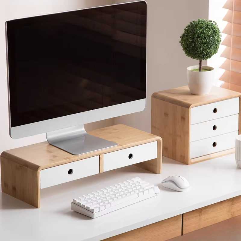 Desk Room Setup - แท่นวางจอแล็ปท็อปไม้ไผ่ ที่วางของบนโต๊ะทำงานแบบเป็นมิตรกับสิ่งแวดล้อม พร้อมลิ้นชัก สำหรับการจัดวางโต๊ะทำงานที่บ้าน ขาตั้งไม้