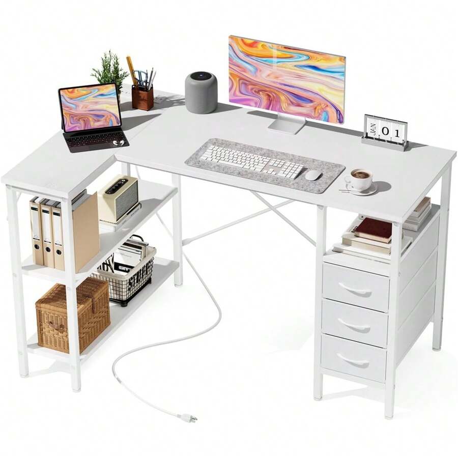 L Shaped Desk Setup - โต๊ะทำงานรูปตัว L พร้อมชั้นวางและลิ้นชัก, โต๊ะคอมพิวเตอร์สีขาวสำหรับเล่นเกมพร้อมปลั๊กไฟ, โต๊ะอ่านหนังสือพร้อมชั้นวางปรับระดับได้, โต๊ะทำงานที่บ้าน