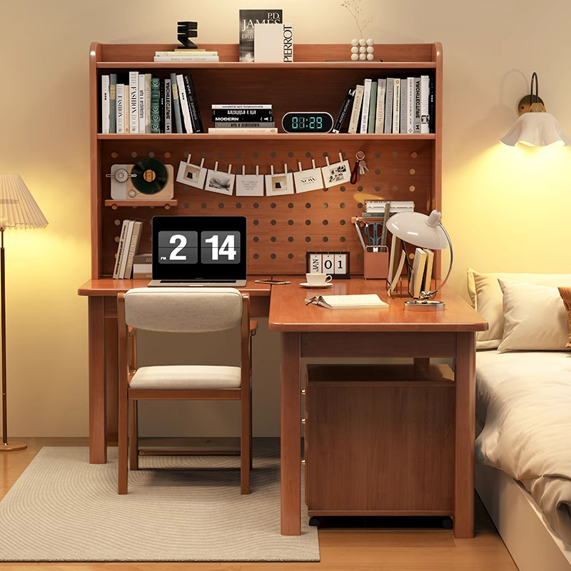 L Shaped Desk Setup - โต๊ะทำงานไม้จริงทรงตัวแอล 7 รูปแบบ พร้อมชั้นวางหนังสือในตัว แผ่นเจาะรู สำหรับใช้ในบ้าน